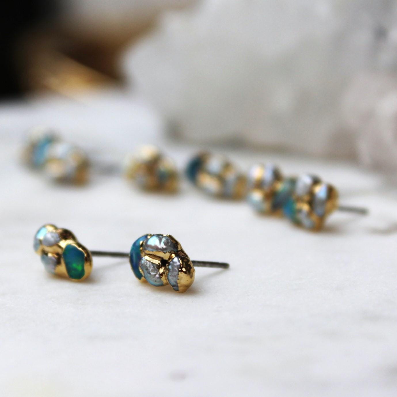 Pomelo fire opal and pearl stud earrings