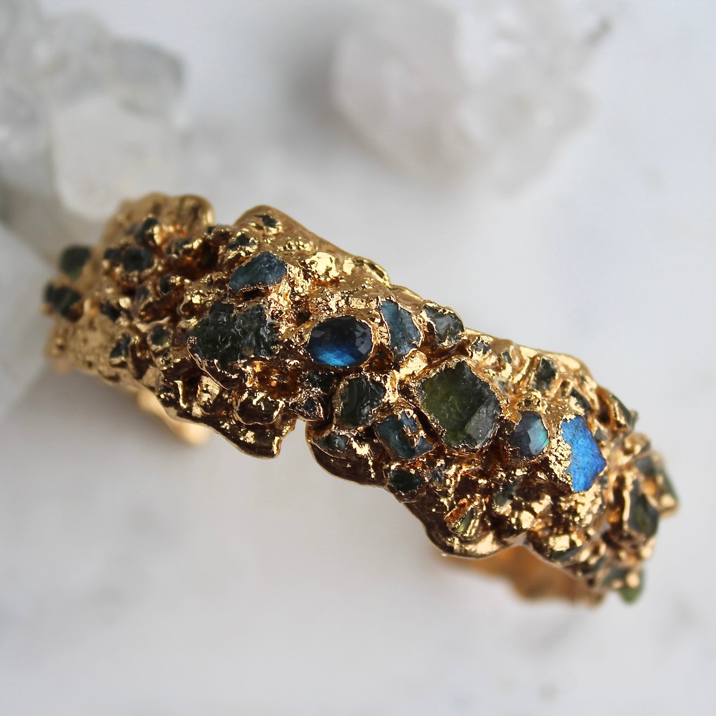 Labradorite peridot and apatite cuff bracelet