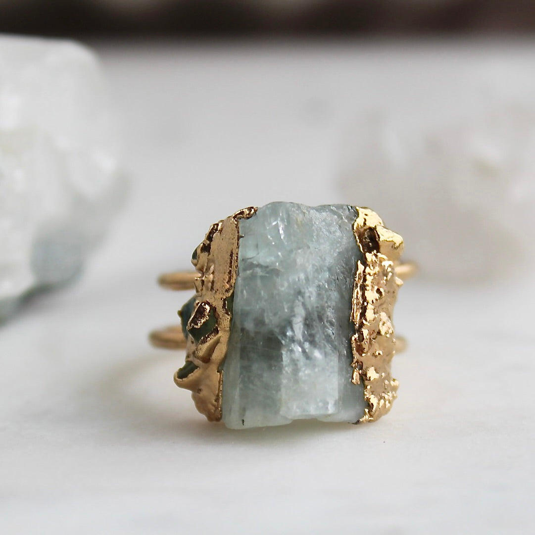 Raw aquamarine and peridot ring