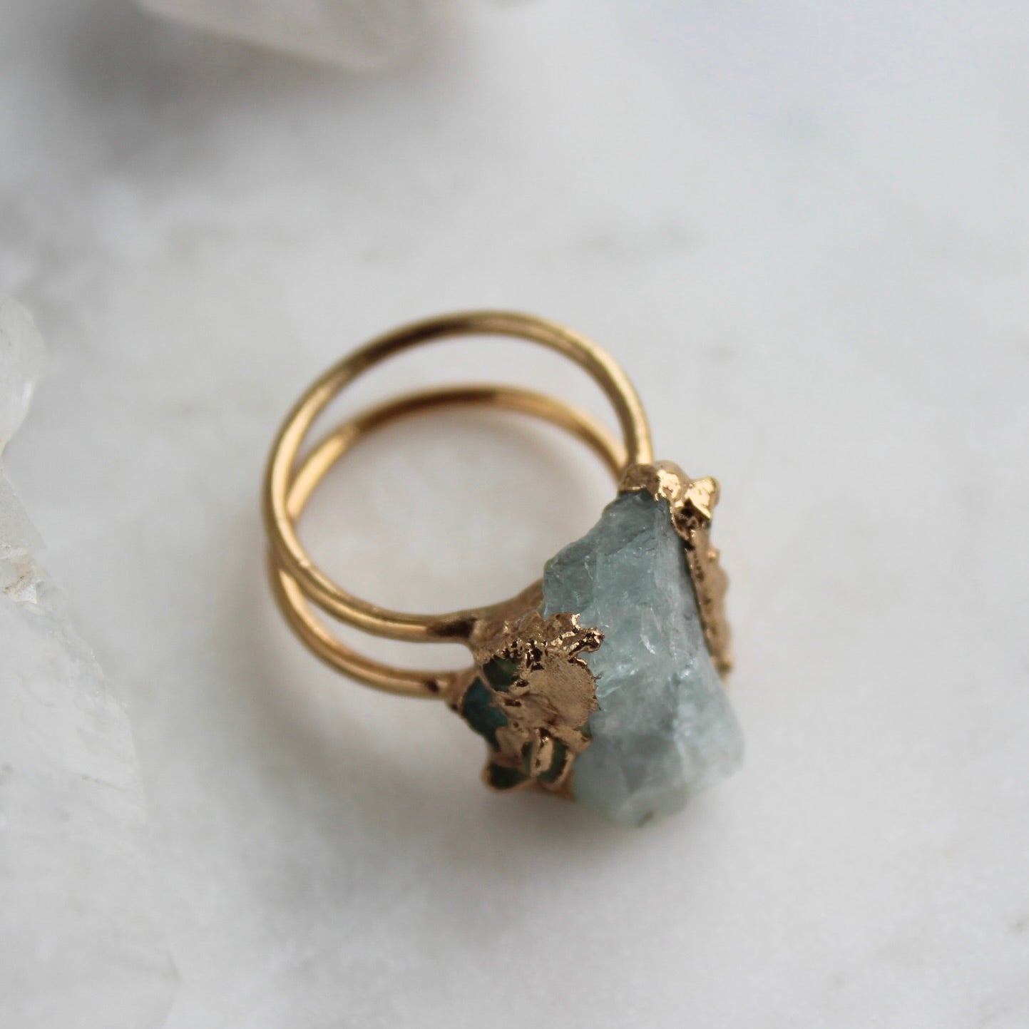 Raw aquamarine and peridot ring