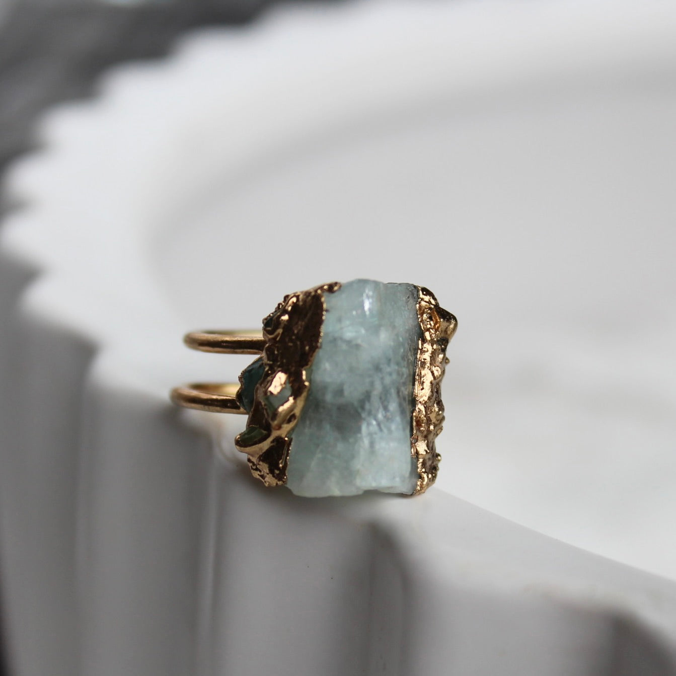 Raw aquamarine and peridot ring