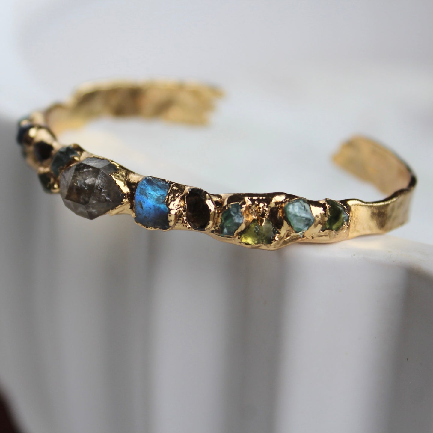 Herkimer diamond peridot and labradorite cuff bracelet
