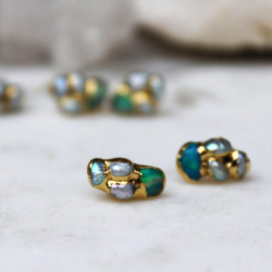 Pomelo fire opal and pearl stud earrings