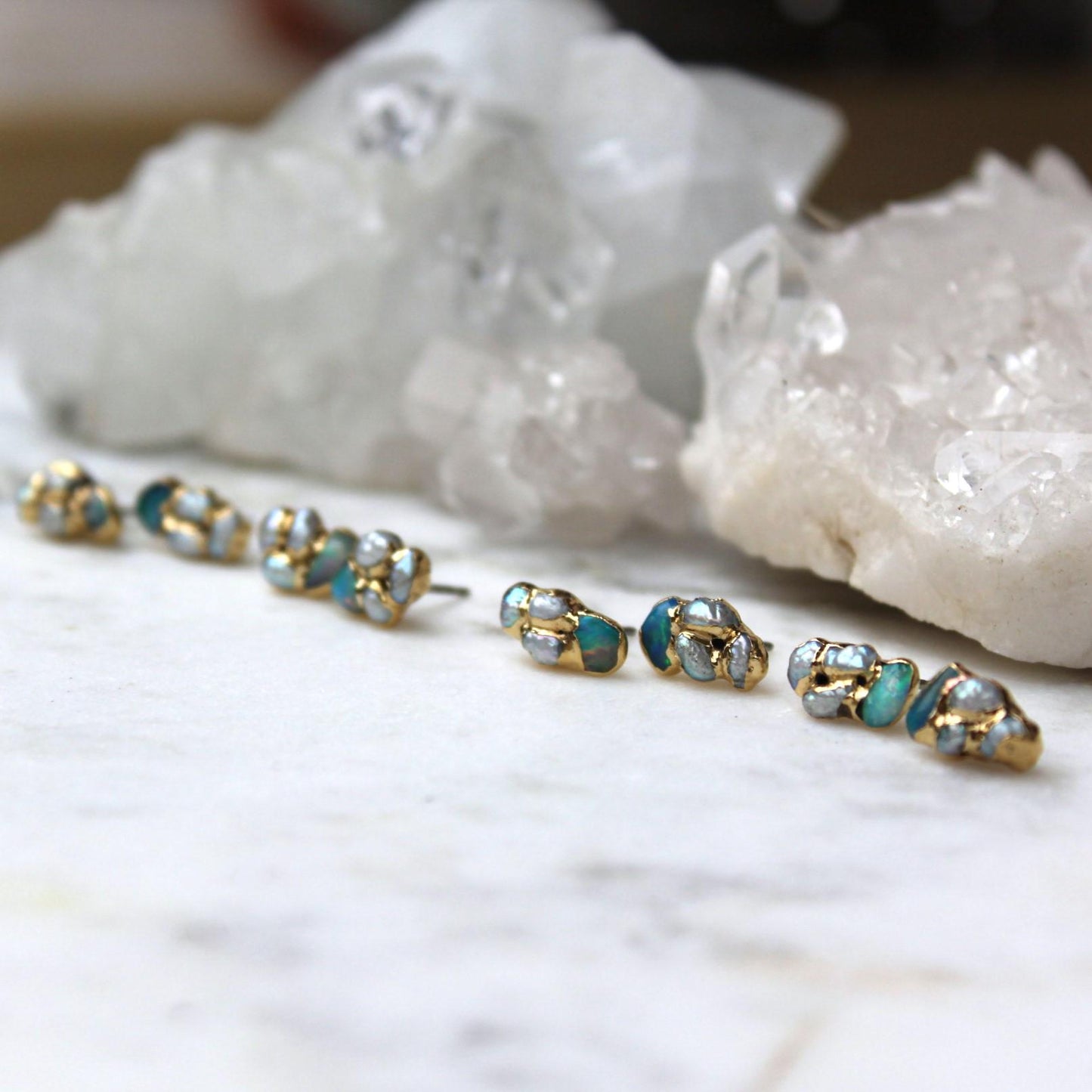 Pomelo fire opal and pearl stud earrings